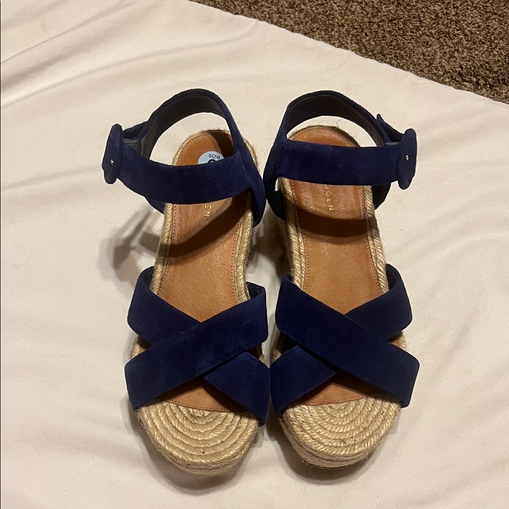 Halogen blue suede strappy platform sandal. Braided rope platform